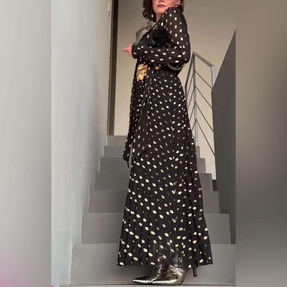 Commense Black and Gold Polka Dot Long Sleeve Midi Dress with Bow - Picture 2 of 12